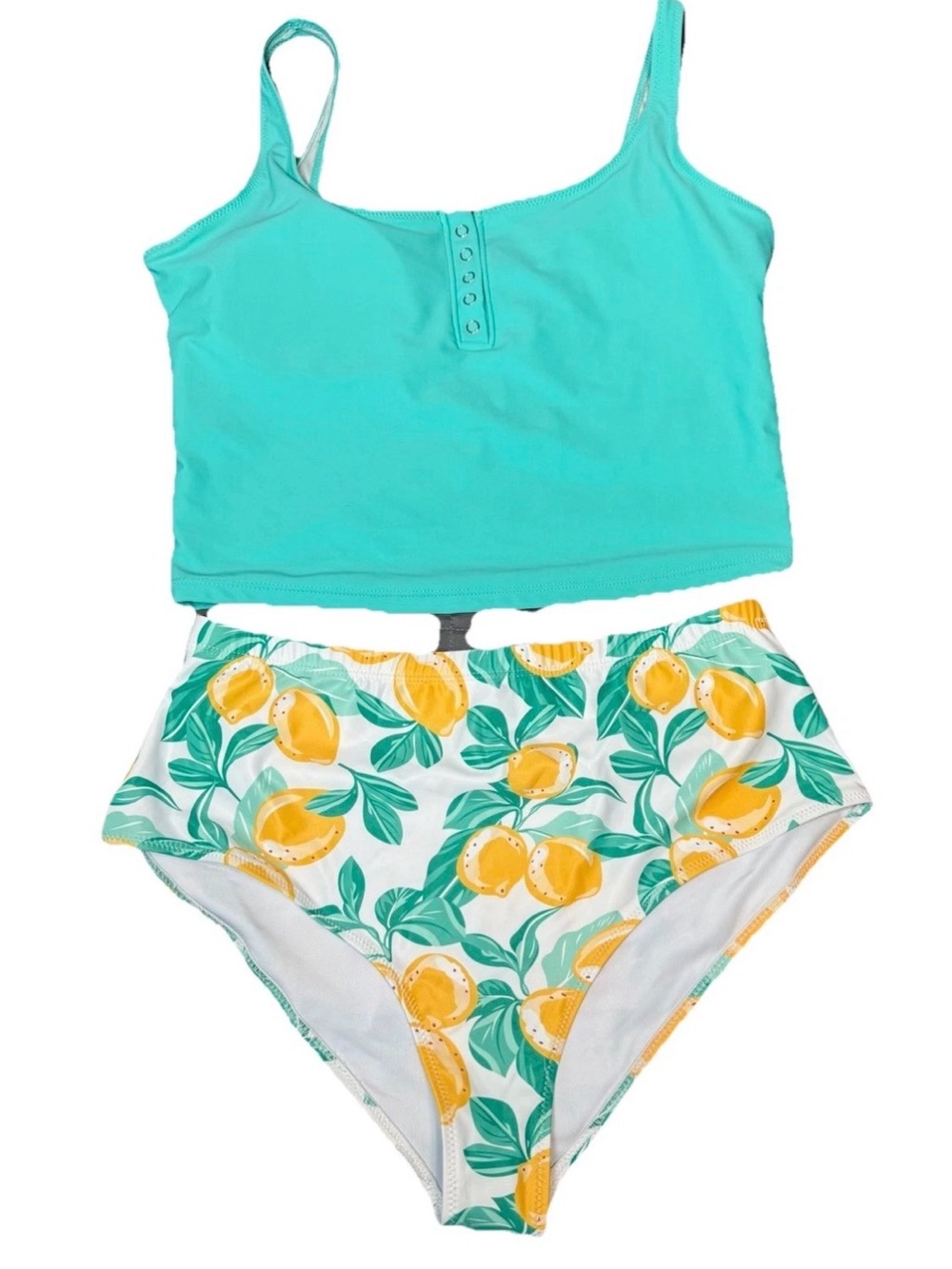 Women’s Two Piece Swimsuit Turquoise Tank Top High Waisted Lemon Pattern Size XL